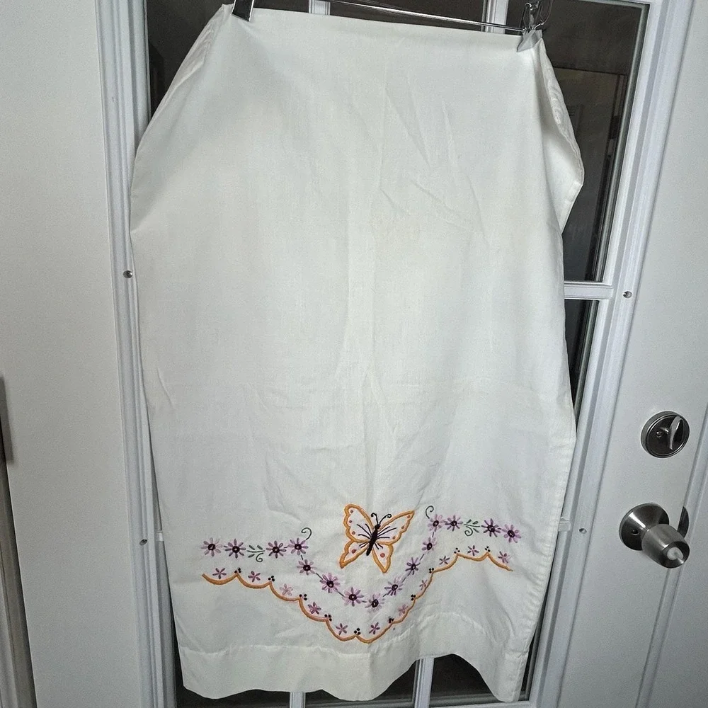 Vintage Hand Embroidered Pillowcase Butterfly Flowers Country Cottage